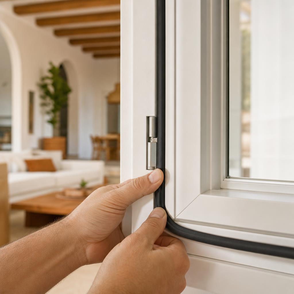 Detalle de un burlete de caucho recién colocado en la junta de una ventana batiente