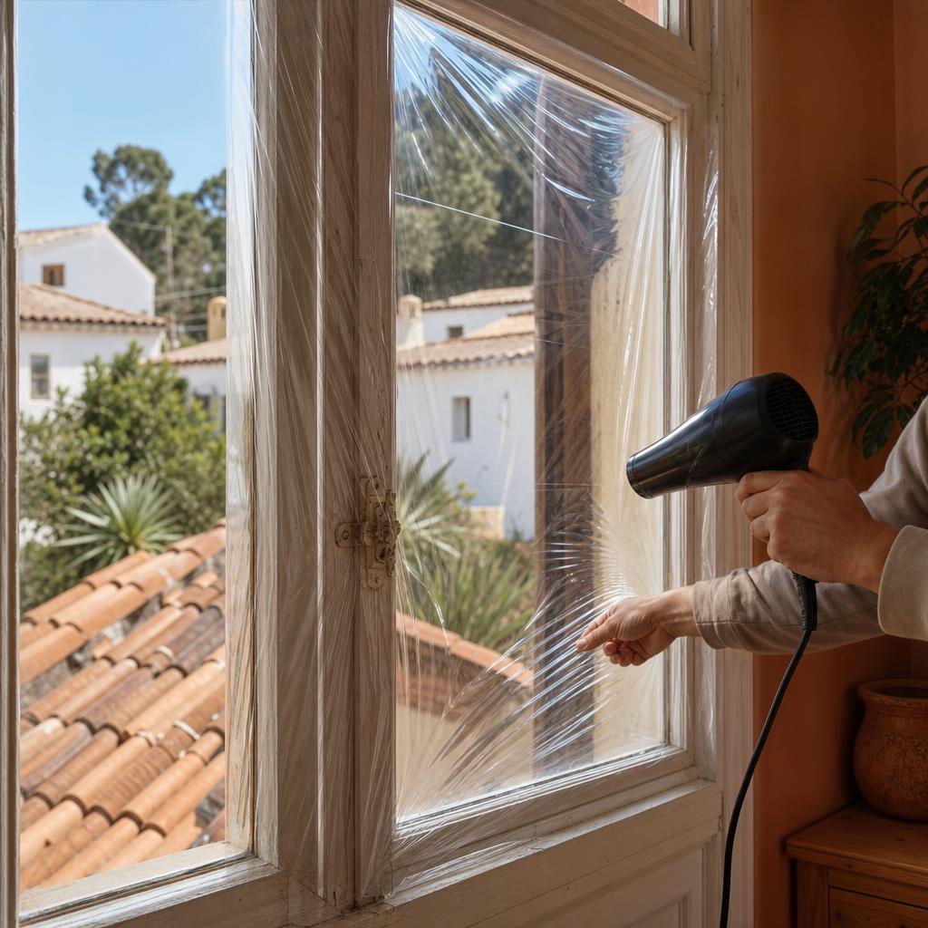 Persona tensando un film térmico transparente sobre una ventana con un secador de pelo