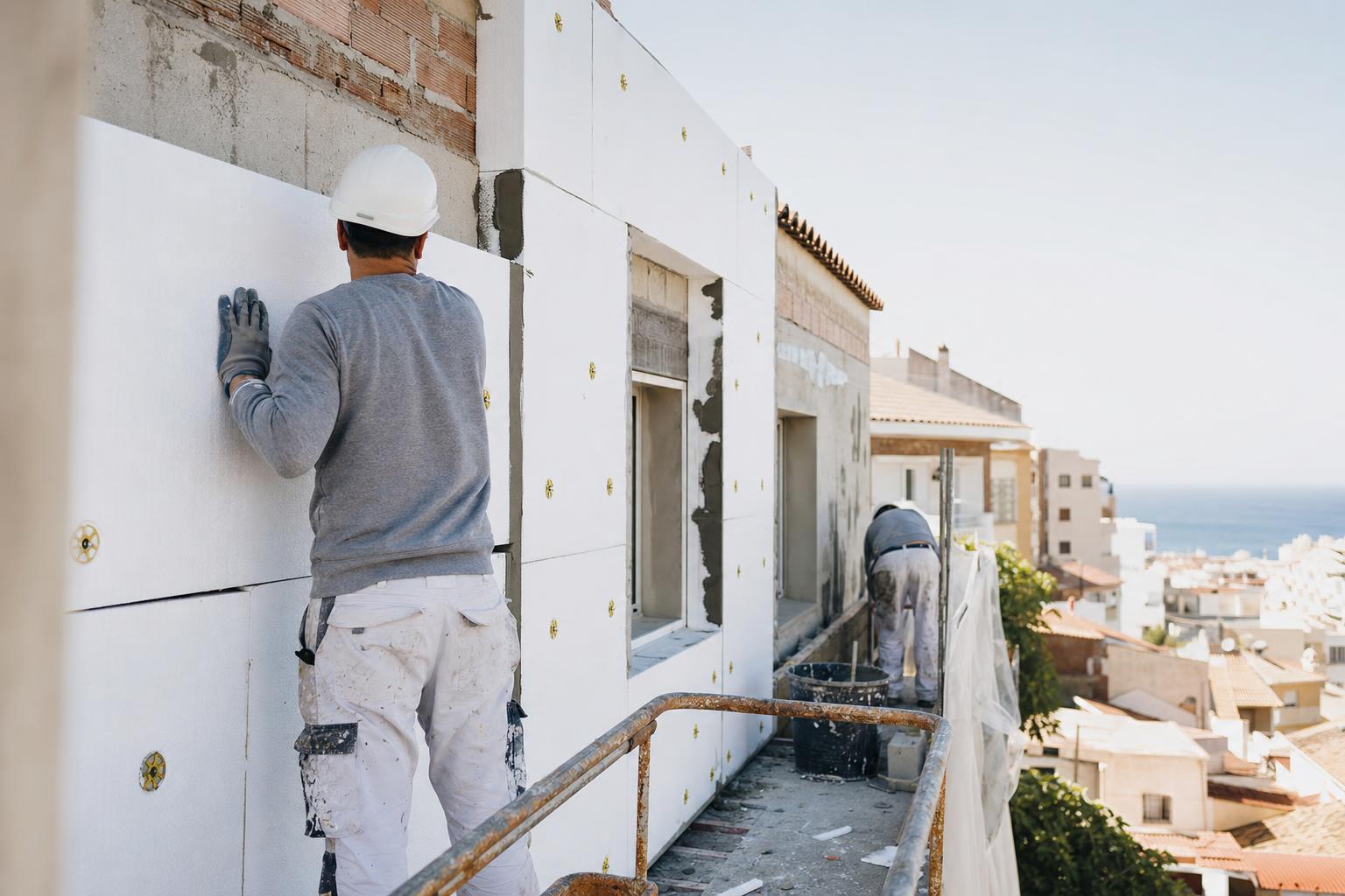 Operarios instalando aislamiento térmico en la fachada de un edificio de viviendas en España
