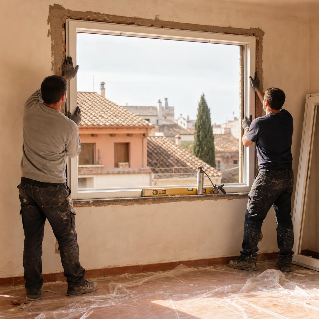 Instaladores colocando una ventana nueva en el hueco de obra de una vivienda en reforma