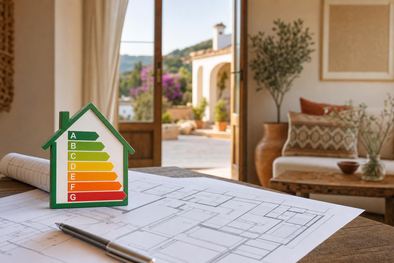 Etiqueta de eficiencia energética con letras de la A a la G sobre los planos de una vivienda en venta