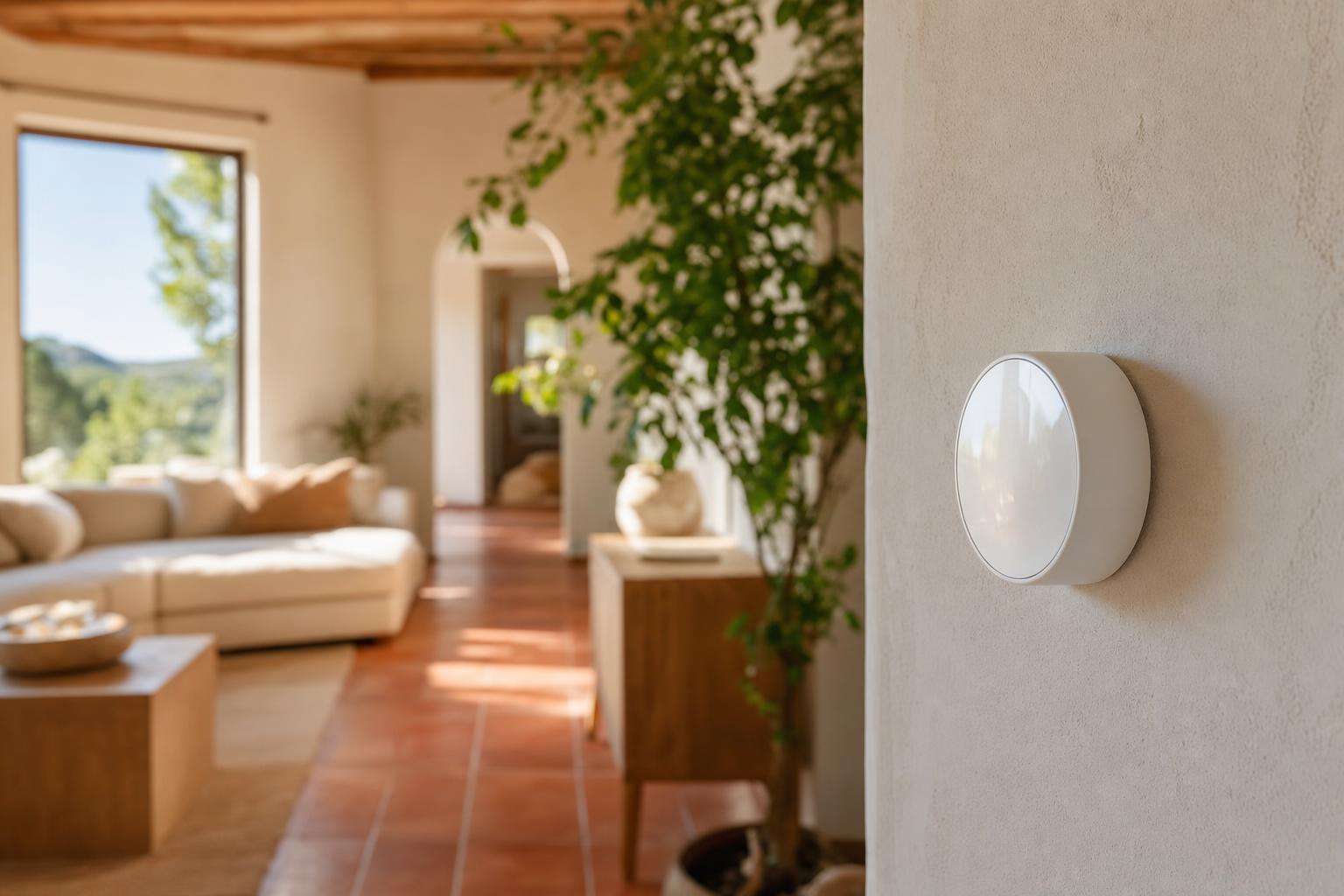 Interior luminoso de una vivienda española con un termostato moderno en la pared y luz natural entrando por la ventana