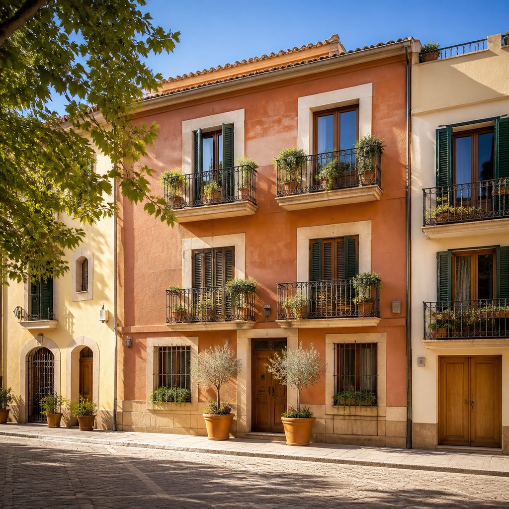 Fachada de un edificio de viviendas con balcones en una calle española soleada