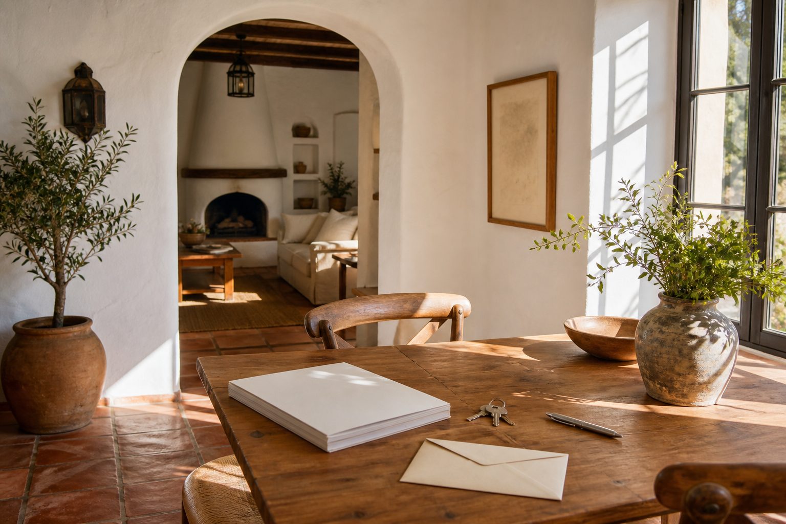 Mesa de comedor luminosa con la póliza del seguro de hogar, unas llaves y un sobre listo para enviar