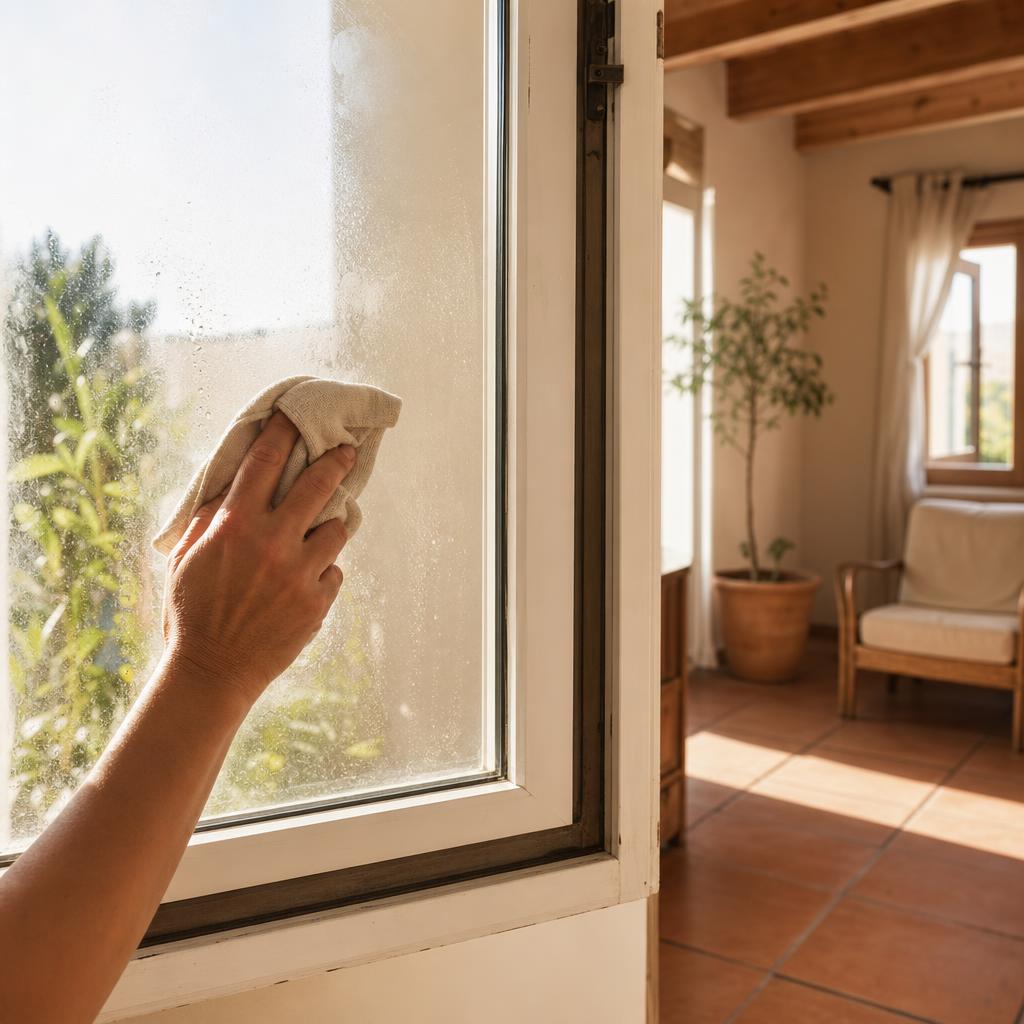 Persona secando la condensación de una ventana mientras ventila un salón luminoso
