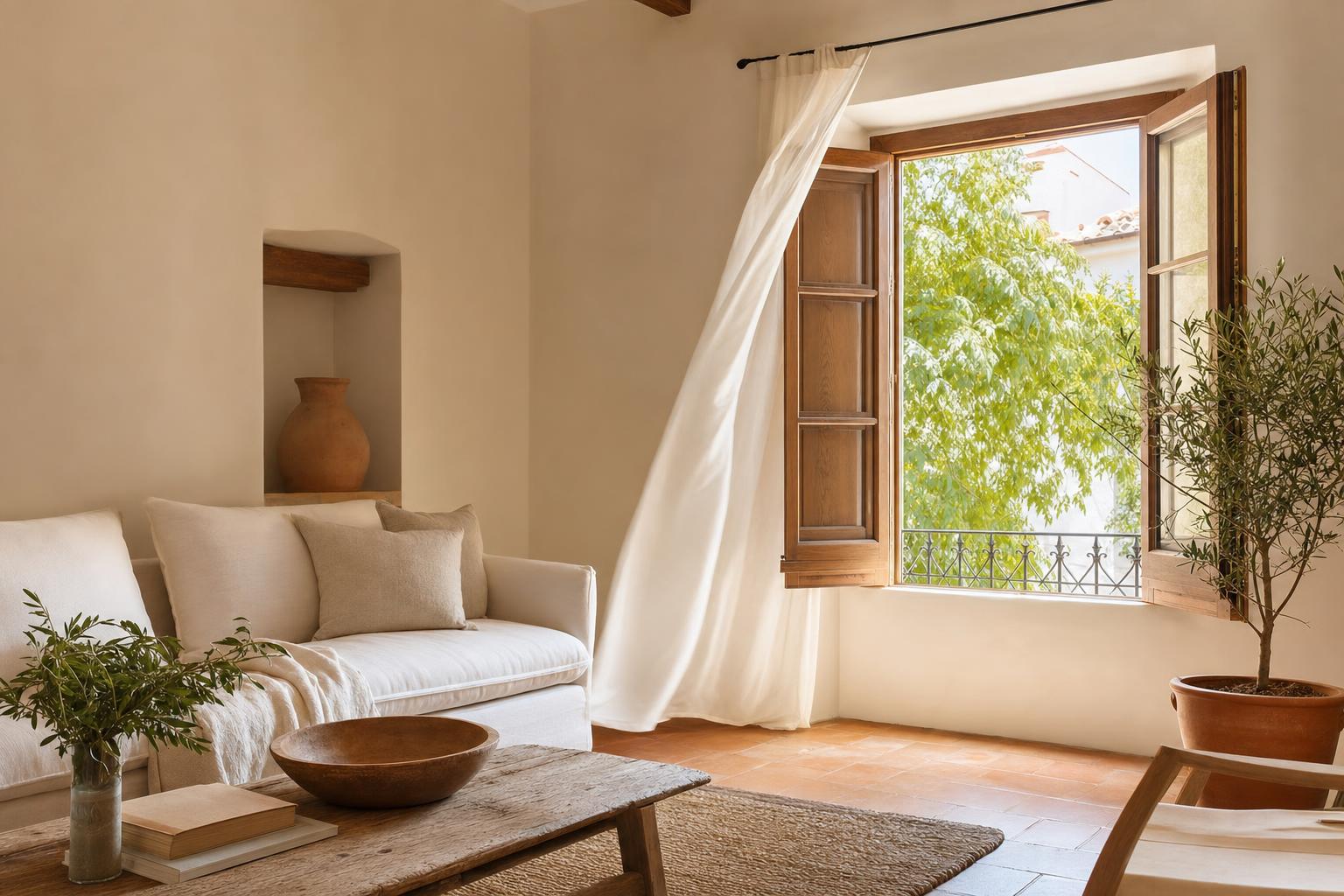 Salón luminoso de una vivienda española con una ventana abierta de par en par y la pared sin manchas de humedad