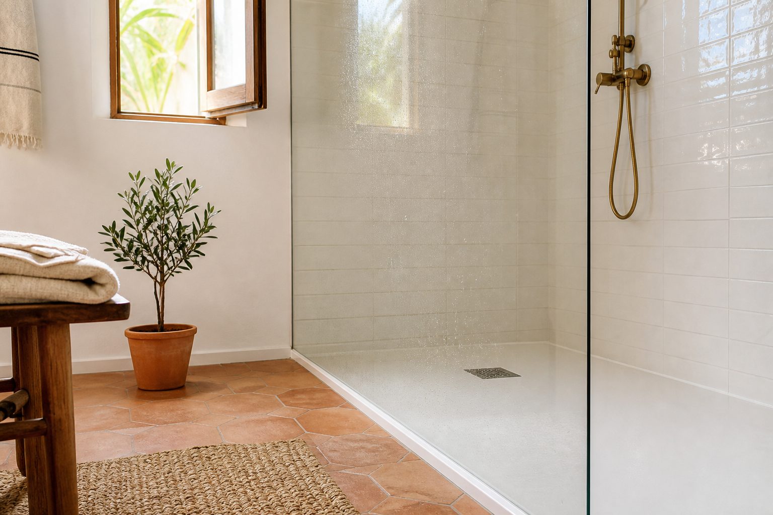 Ducha de un baño español luminoso con la junta de silicona blanca y limpia entre el plato y el azulejo