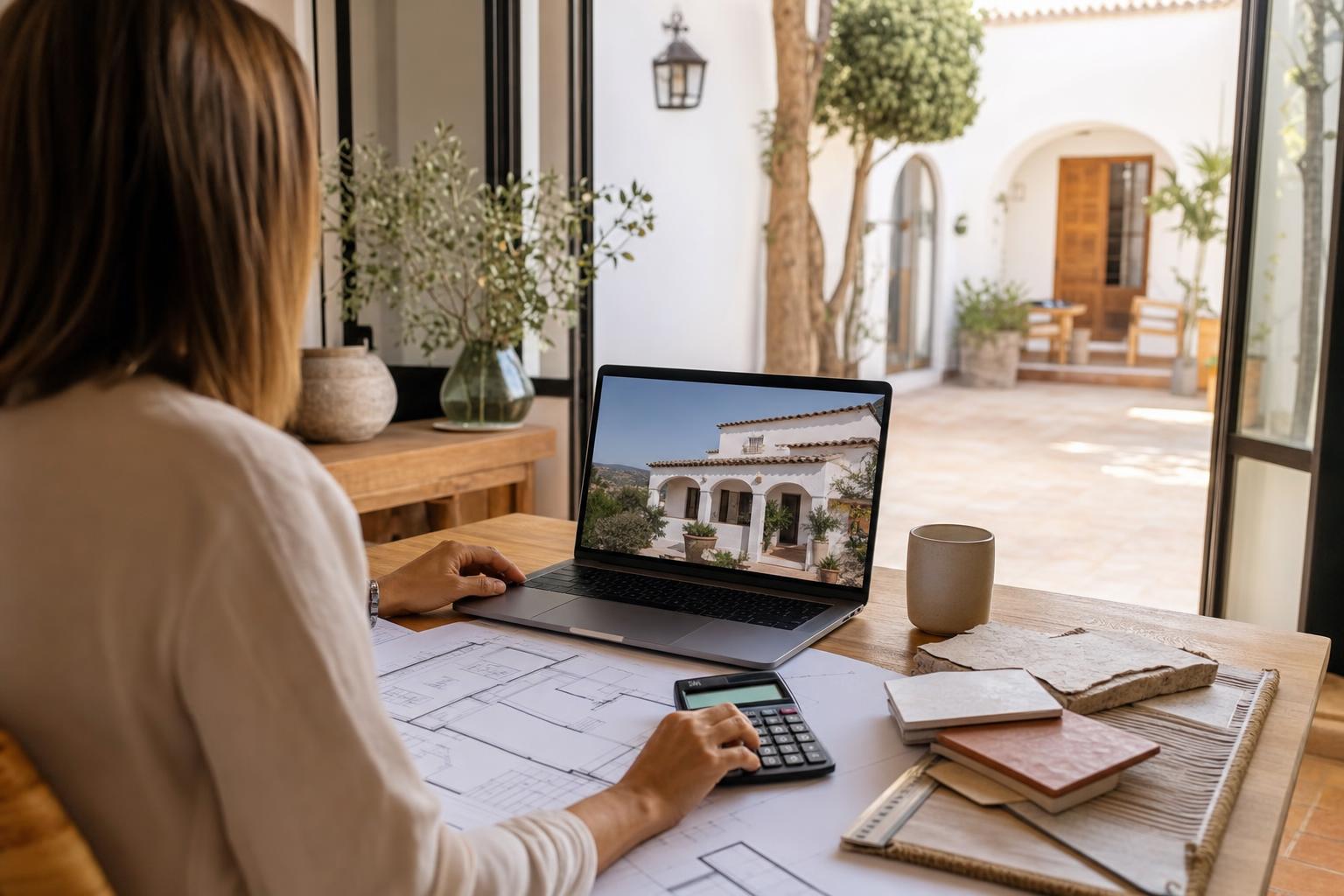 Persona calculando el valor de su vivienda con un portátil, planos y una calculadora sobre la mesa