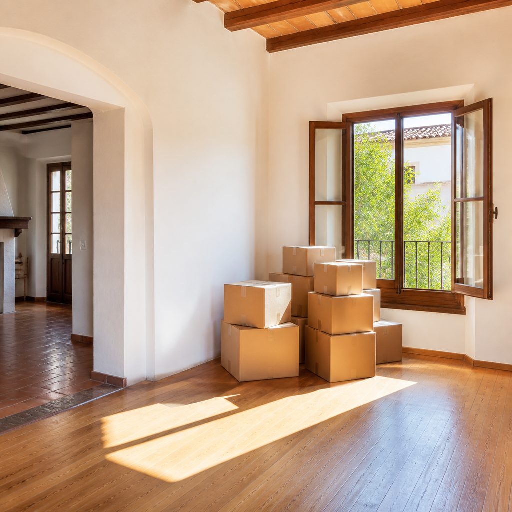 Cajas de mudanza apiladas en un piso vacío y luminoso