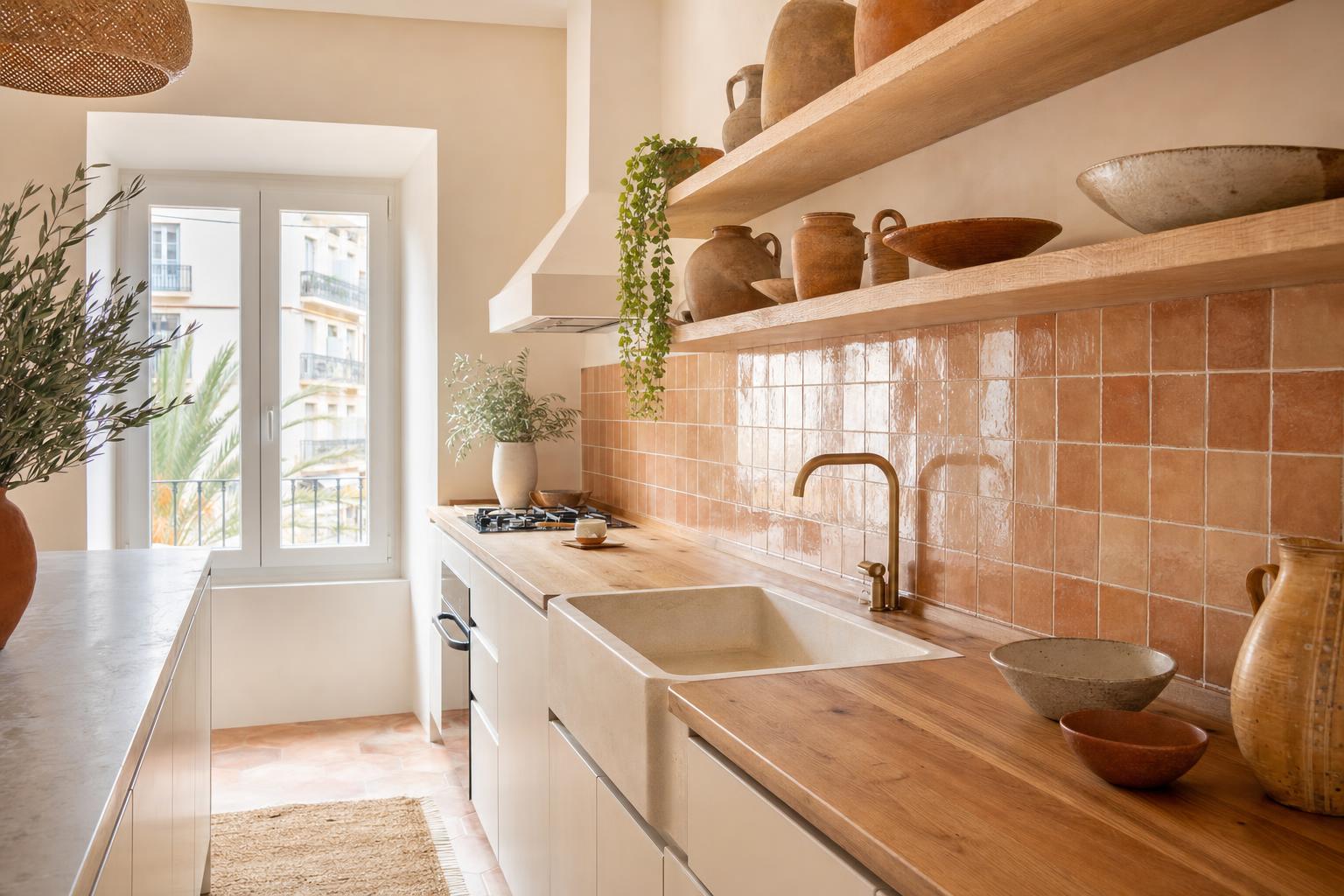 Cocina mediterránea recién reformada con encimera de madera y azulejos en tonos terracota