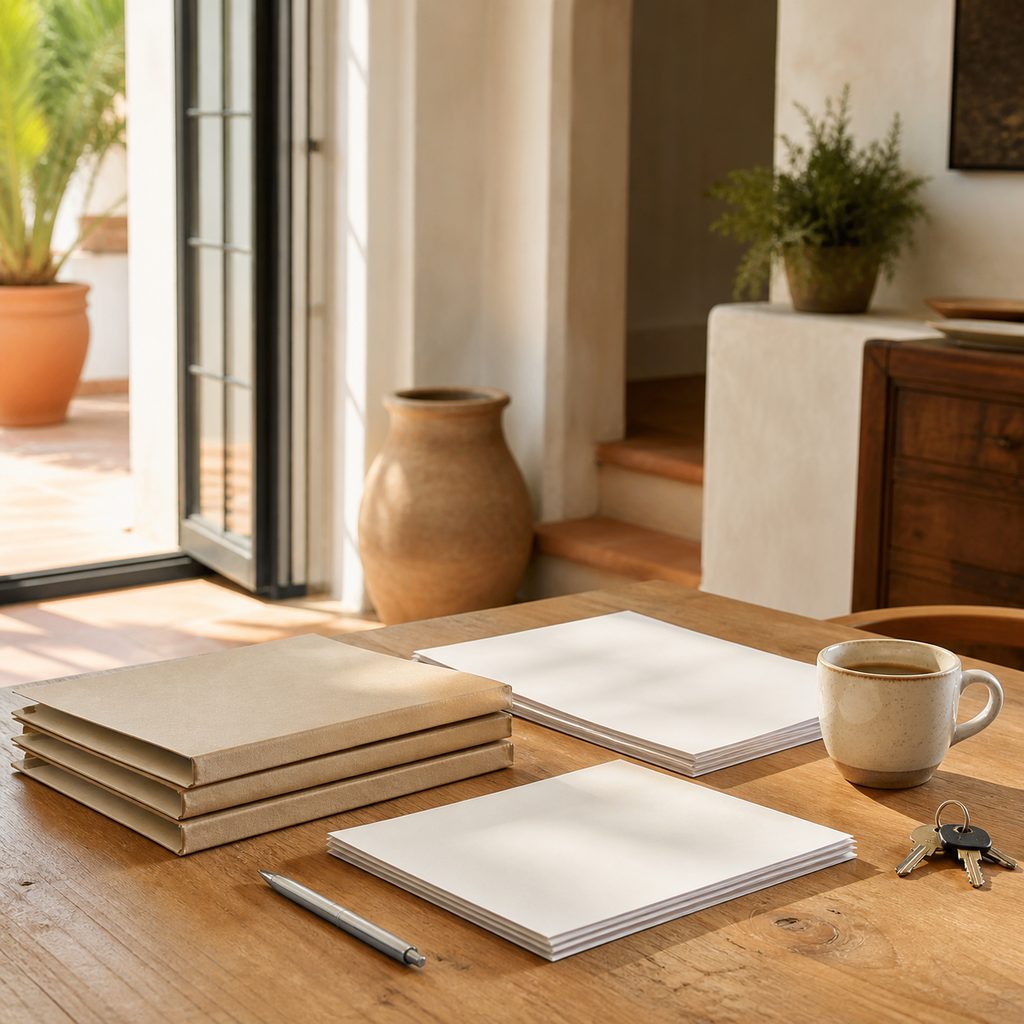 Documentos de una vivienda ordenados en carpetas sobre una mesa junto a una taza de café