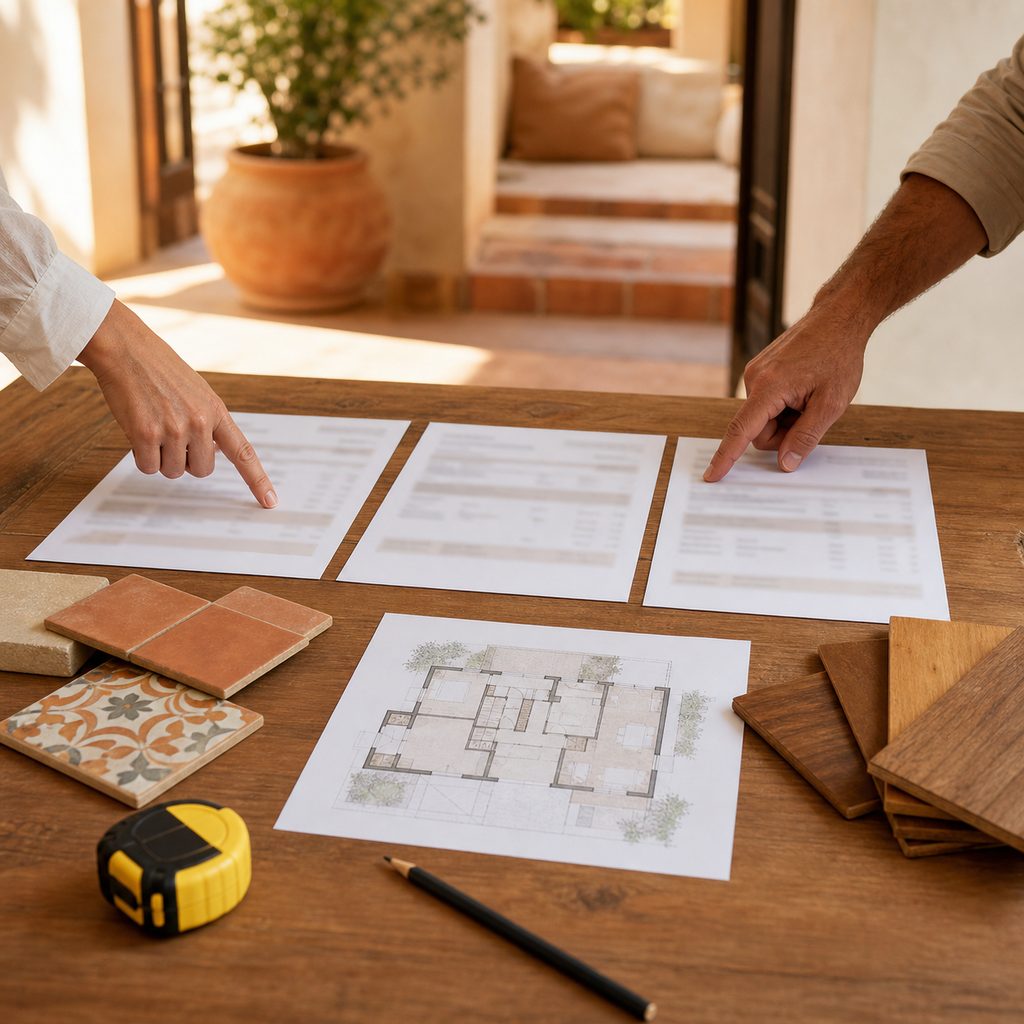 Dos personas comparando presupuestos de reforma sobre una mesa con planos y muestras de materiales