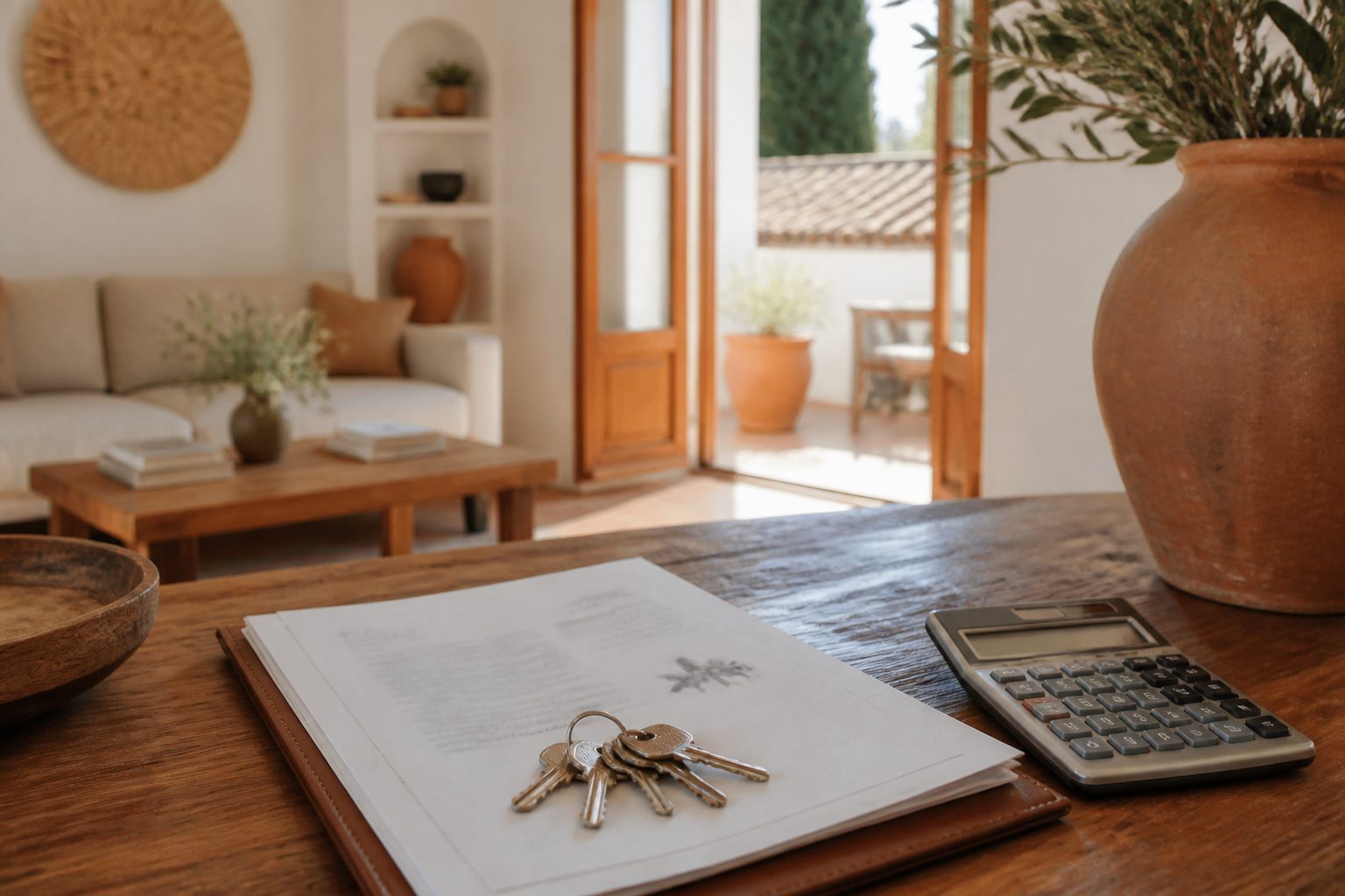 Llaves y documentos de compraventa sobre una mesa en un piso luminoso