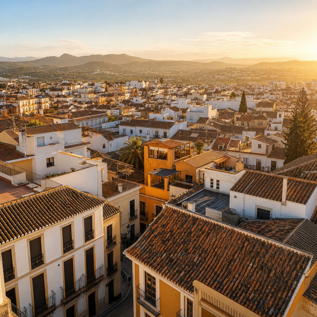 Vista aérea de tejados y fachadas de un barrio residencial español al atardecer