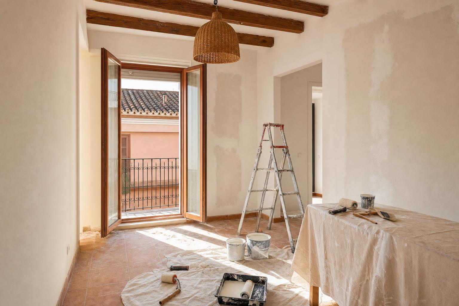 Interior de un piso español luminoso en plena reforma pequeña, con escalera de pintor y herramientas