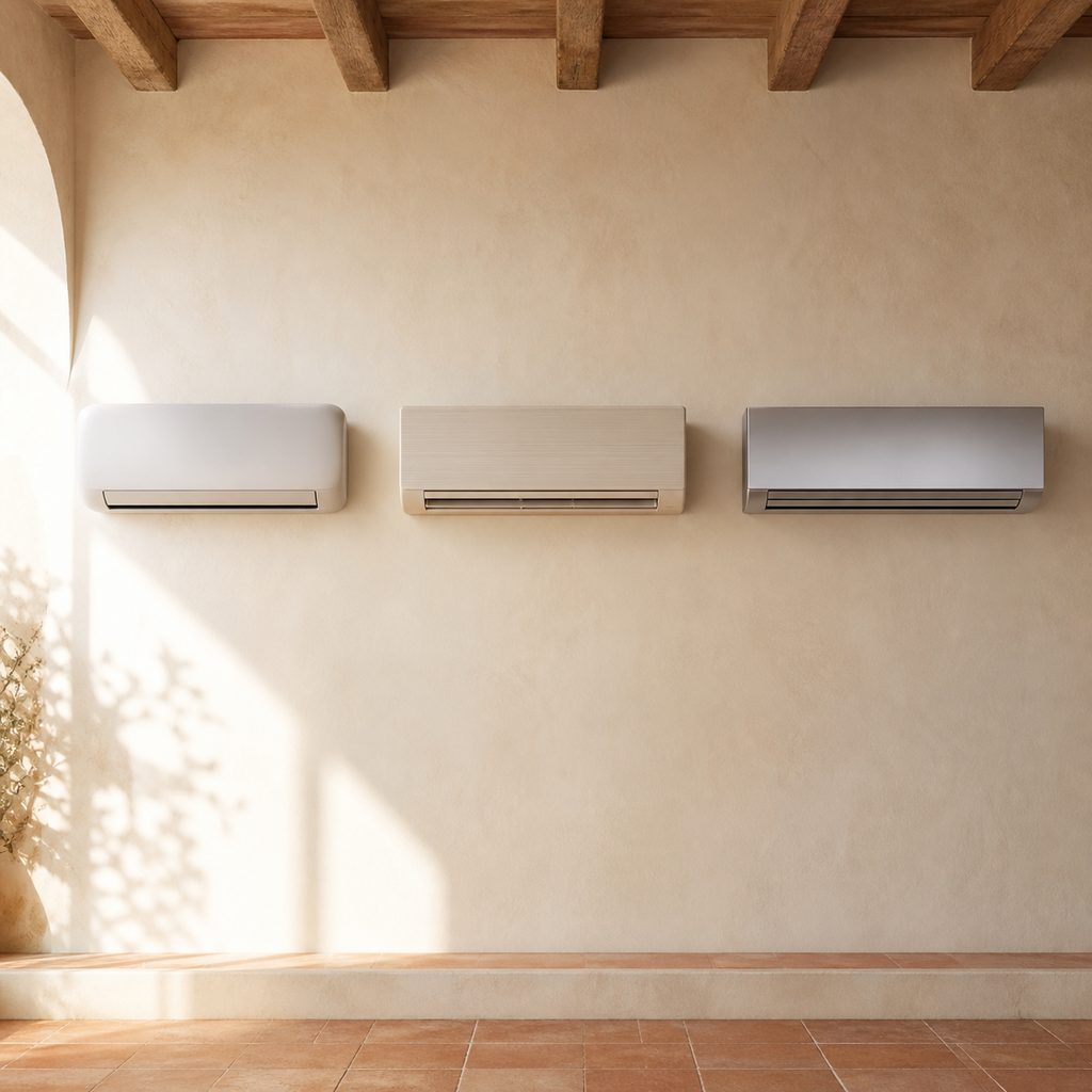 Tres unidades interiores de aire acondicionado de distintas gamas comparadas una al lado de otra