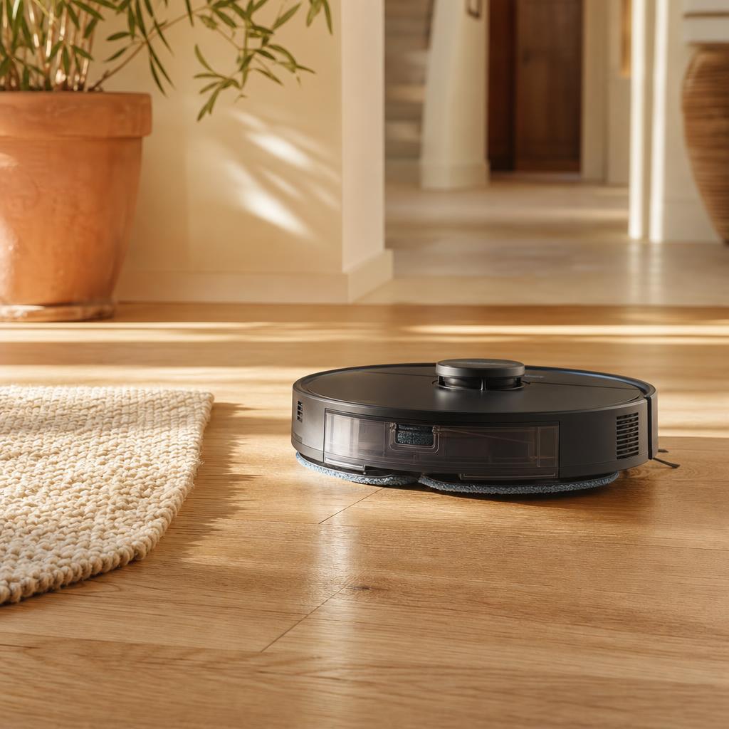 Robot aspirador fregando un suelo de madera clara junto al borde de una alfombra