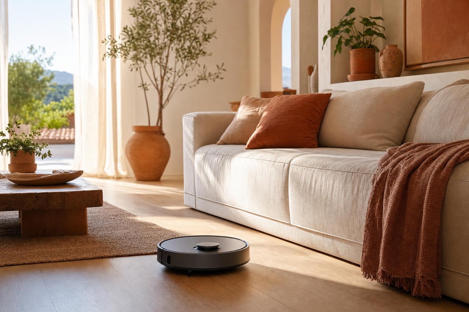 Robot aspirador limpiando el salón luminoso de una vivienda española