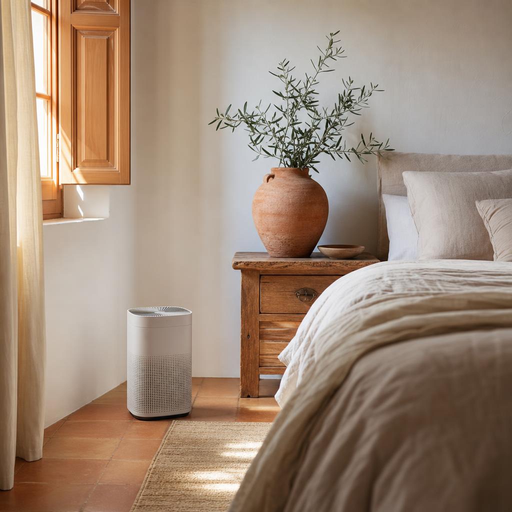 Purificador de aire colocado en el suelo de un dormitorio, con espacio libre alrededor