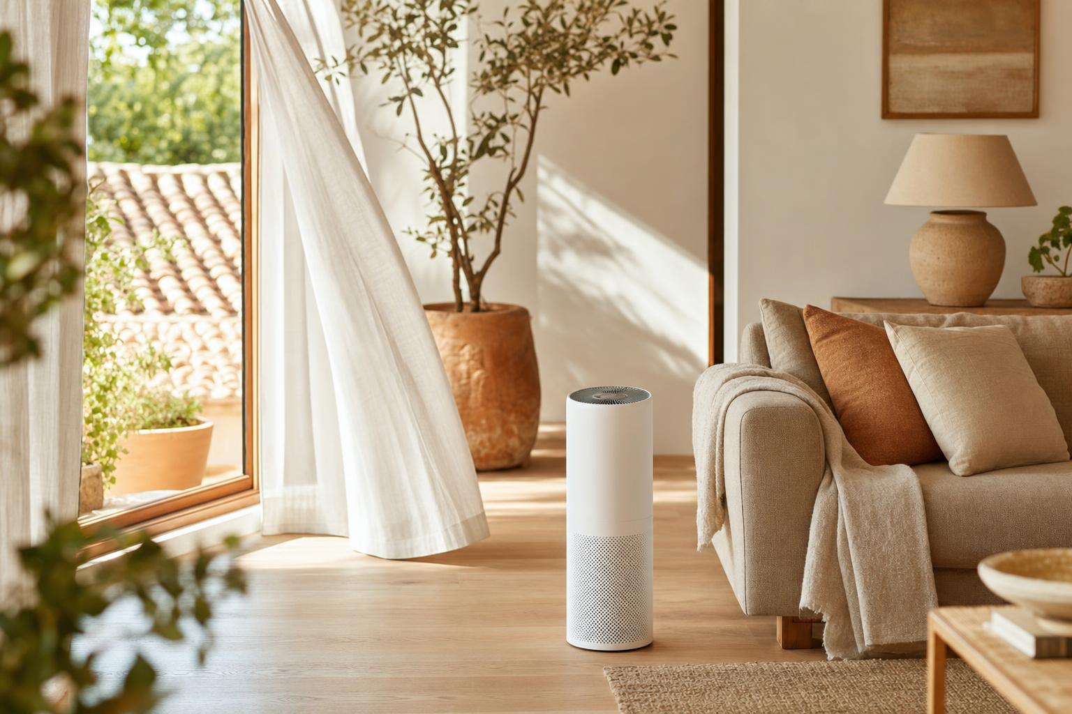 Purificador de aire funcionando junto al sofá de un salón luminoso
