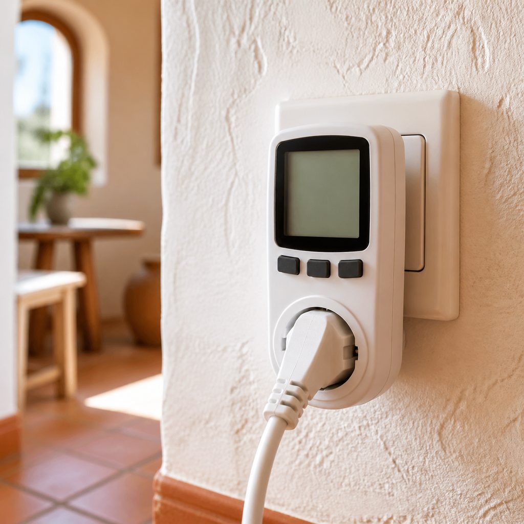 Medidor de consumo enchufado a la pared midiendo el gasto de un electrodoméstico