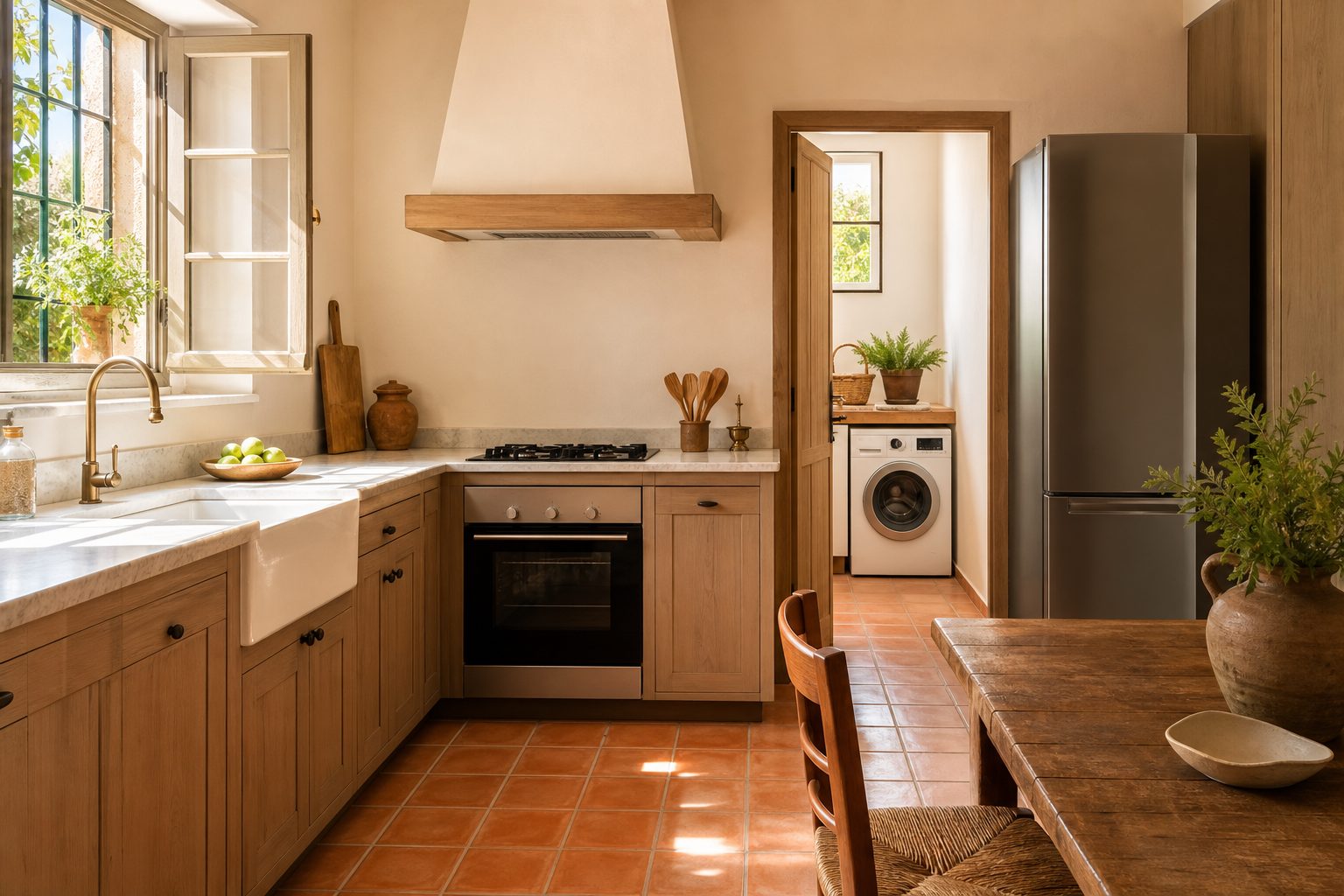 Cocina luminosa de una vivienda española con horno, lavavajillas y frigorífico integrados, con luz natural entrando por la ventana
