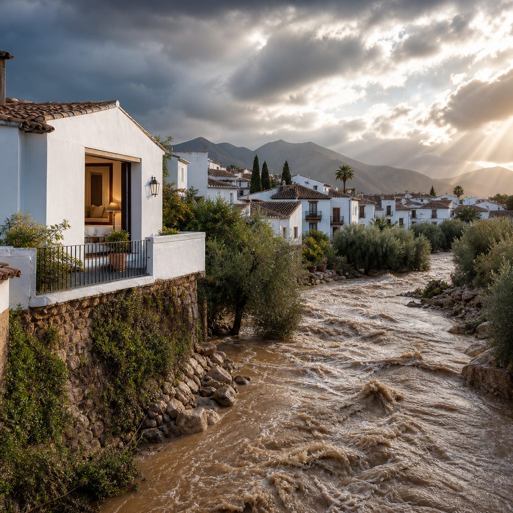 Rambla desbordada junto a un pueblo mediterráneo tras una lluvia torrencial
