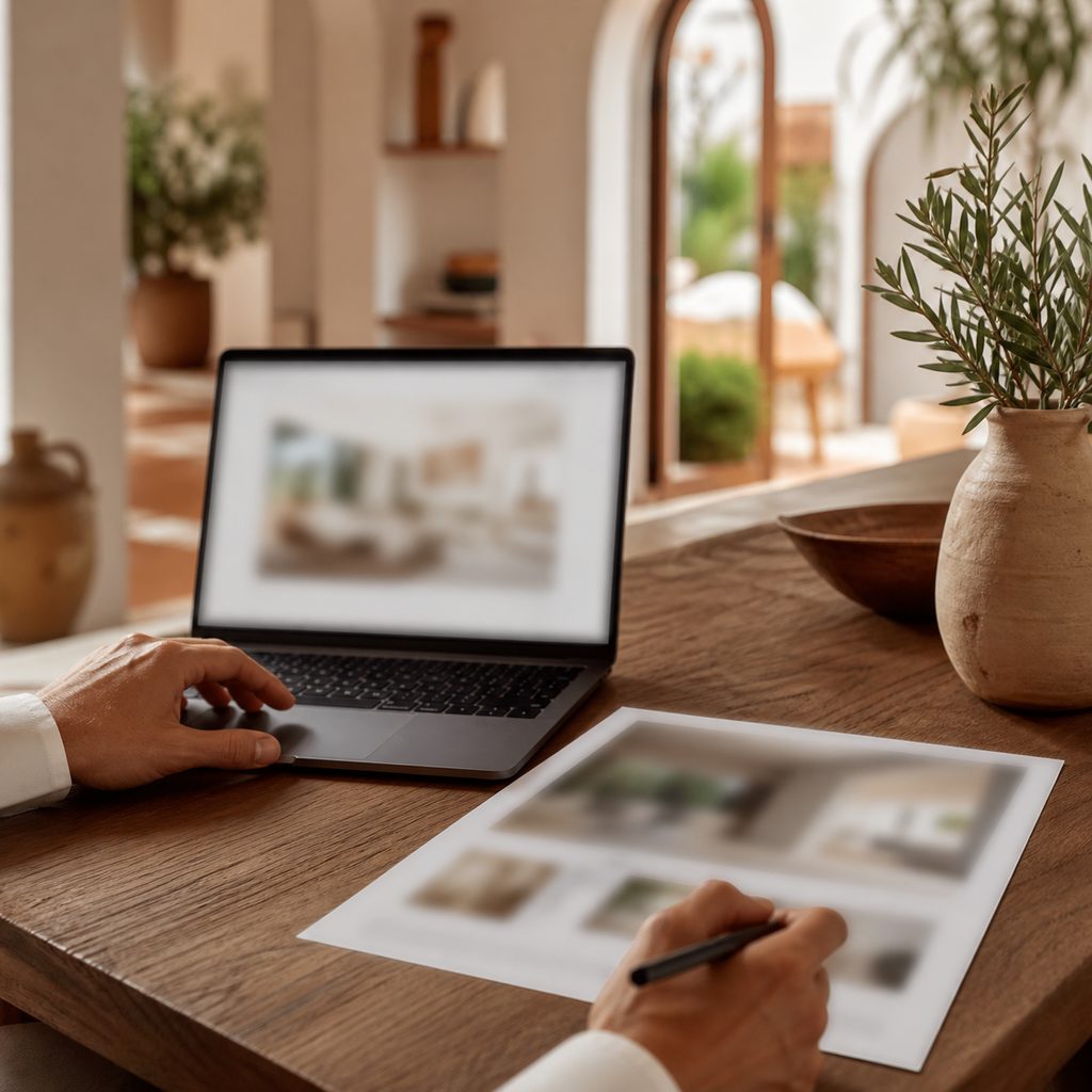 Persona revisando la nota simple de una vivienda en un portátil sobre la mesa del salón