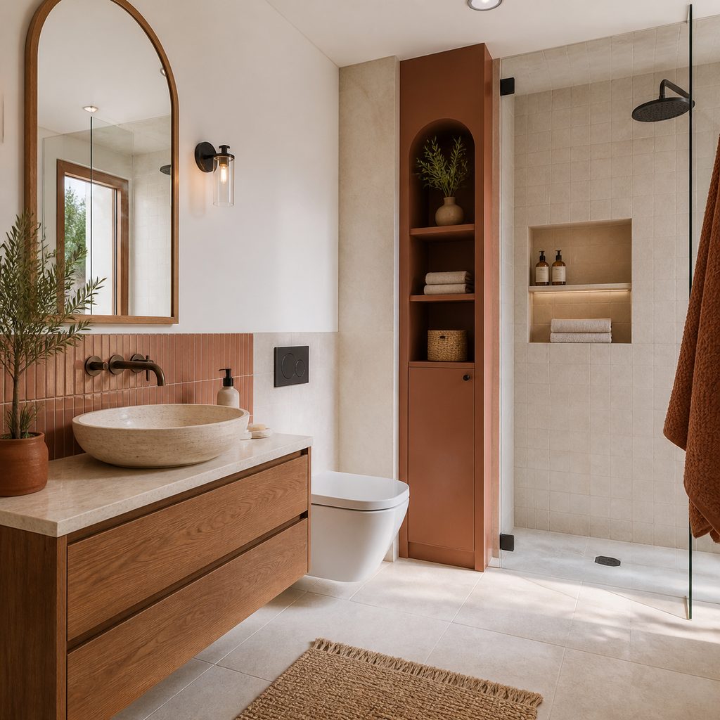 Baño pequeño con inodoro y mueble suspendidos, hornacina en la pared de la ducha y columna de almacenaje