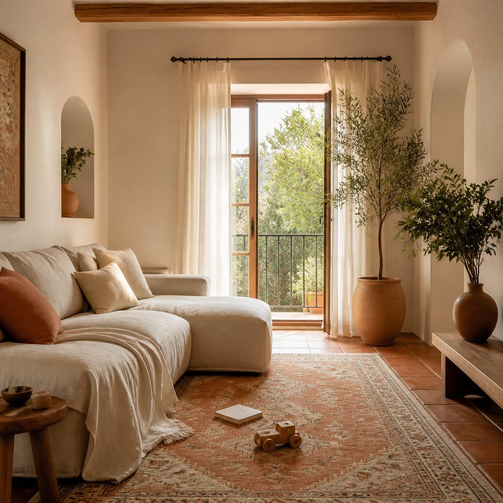 Salón luminoso de una vivienda española con sofá de lino y alfombra en tonos terracota