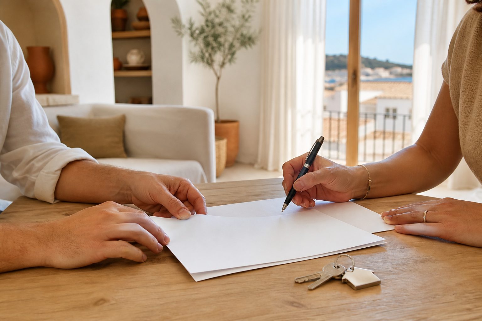 Manos revisando los documentos de una hipoteca sobre una mesa de madera junto a una ventana soleada
