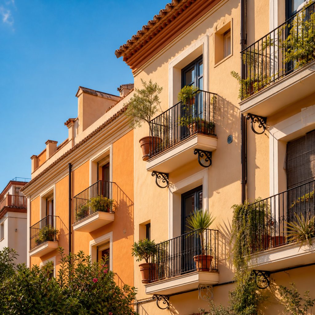 Fachada de un edificio residencial español con balcones bajo la luz cálida de la tarde