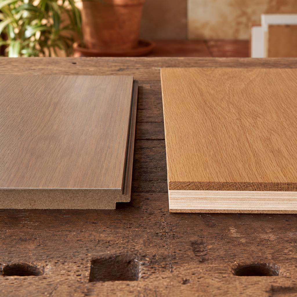 Comparación de una lama de suelo laminado y una lama de tarima multicapa vistas de canto