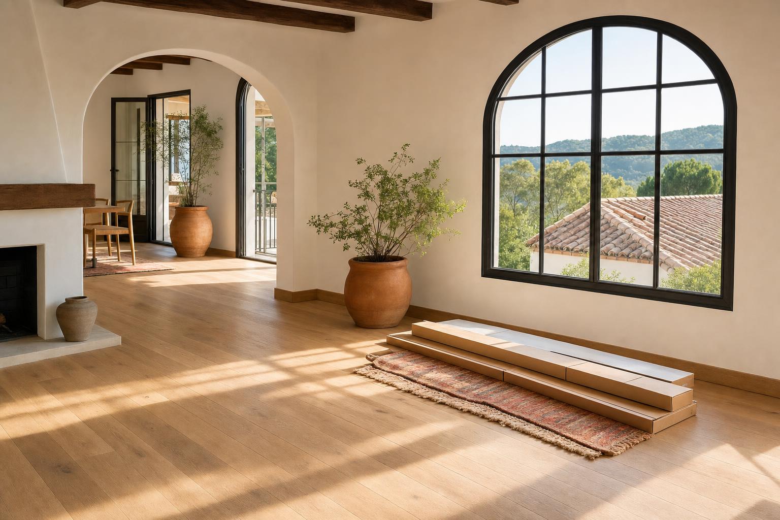 Salón luminoso de un piso español con suelo de lamas de madera en tonos cálidos