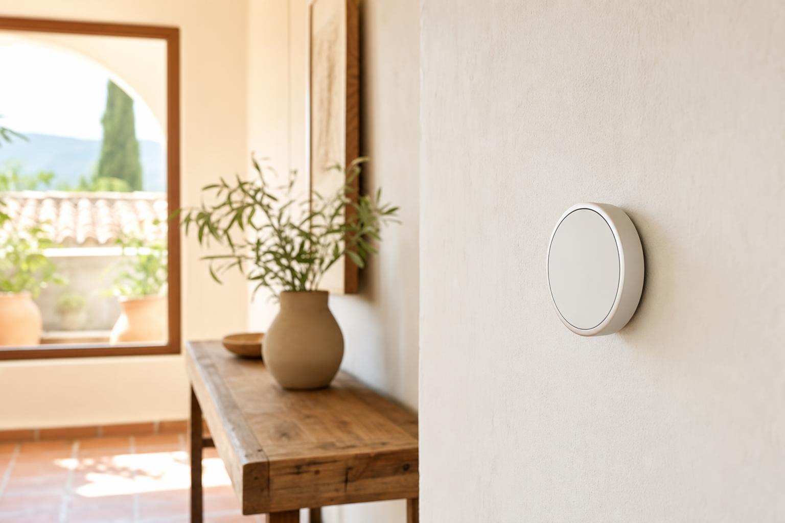 Termostato inteligente redondo instalado en la pared de un salón luminoso de una vivienda española